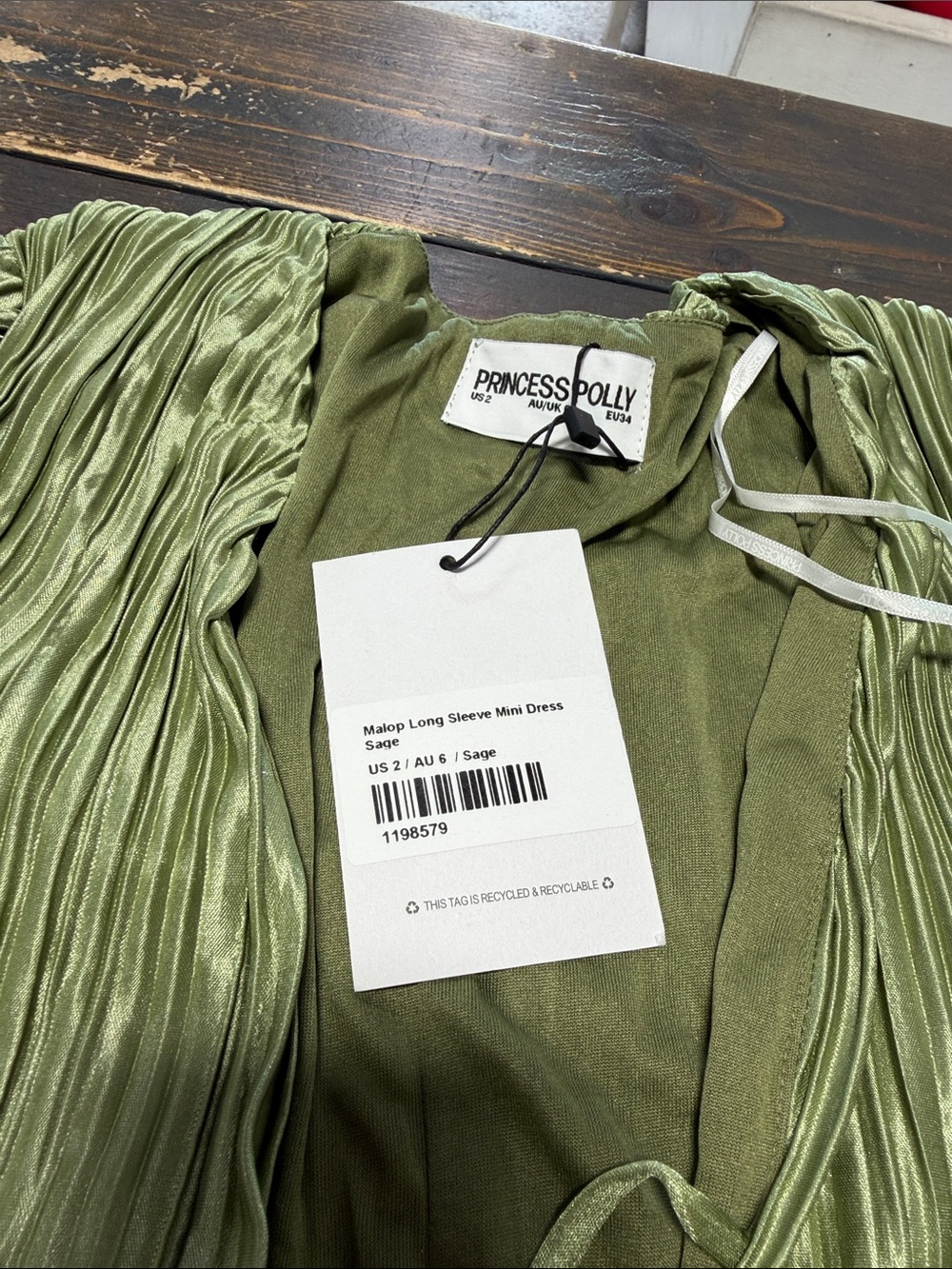 Malop Long Sleeve Mini Dress Sage - Size 2 - Picture 9 of 11